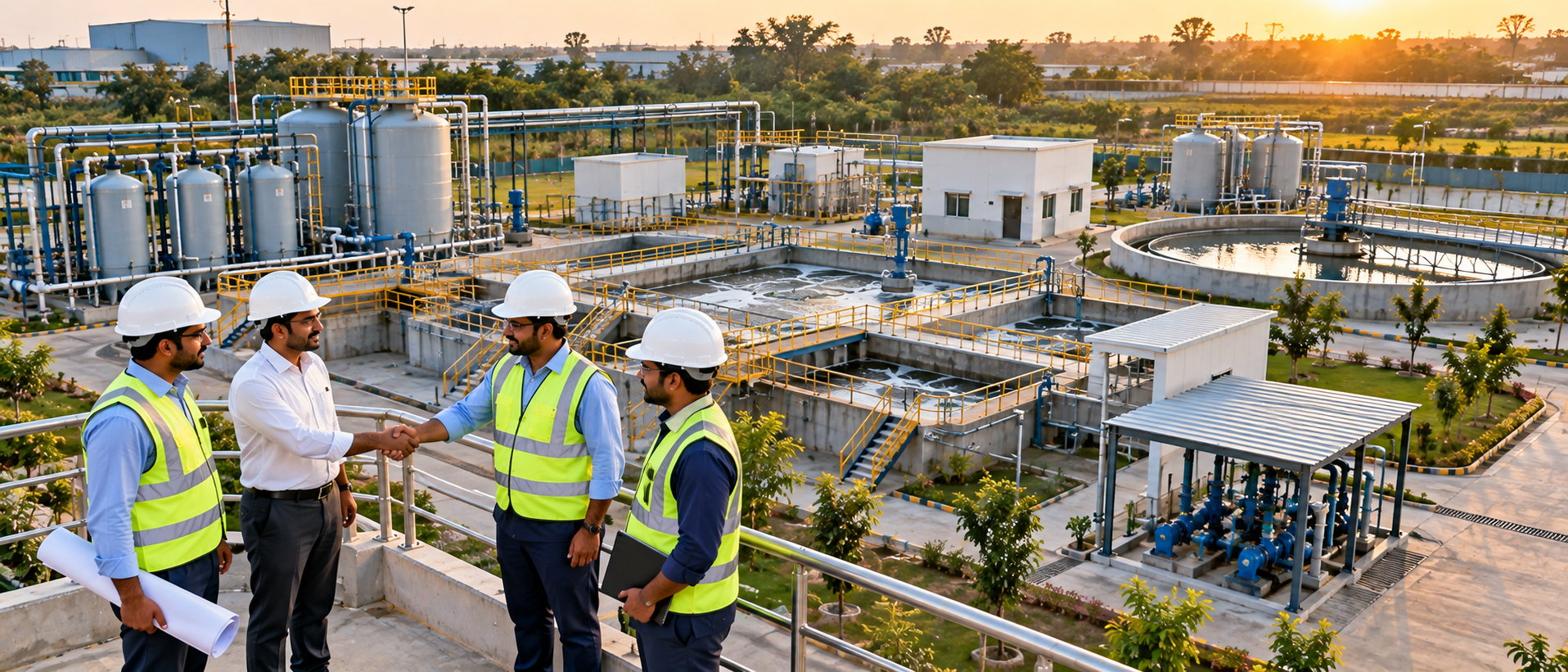 Project team shaking hands over a completed treatment plant