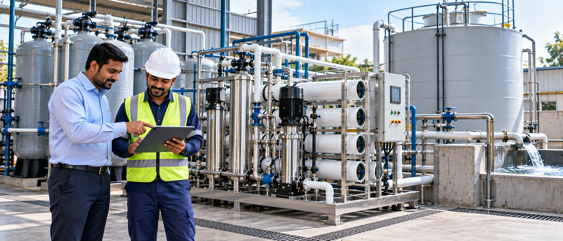 Client and engineer reviewing plant performance on a tablet