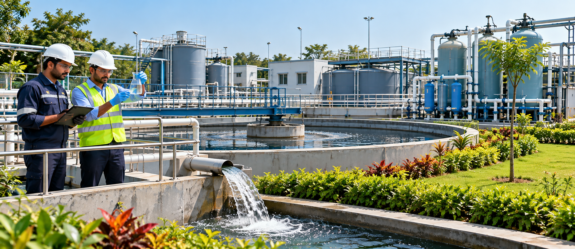 Engineers sampling treated water at a green, landscaped treatment plant