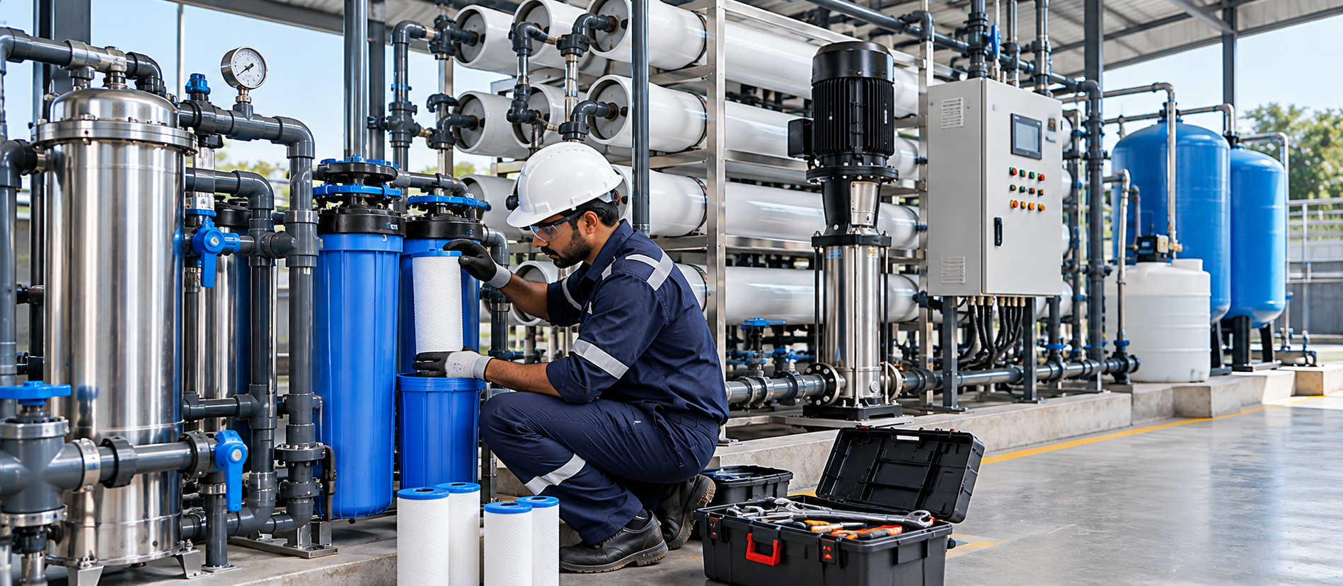 Technician replacing a filter cartridge on an RO plant